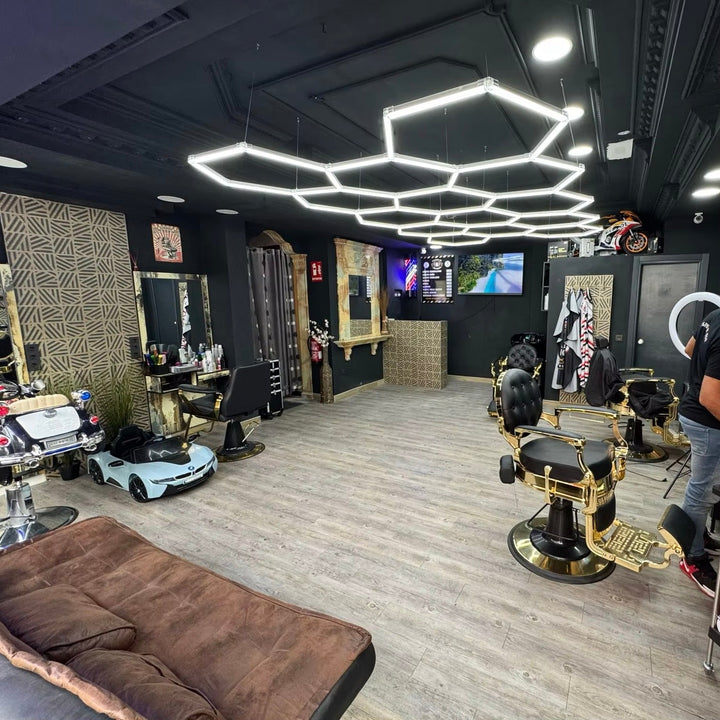 HexSpace 14-grid hexagon LED system installed in a modern Australian barber shop