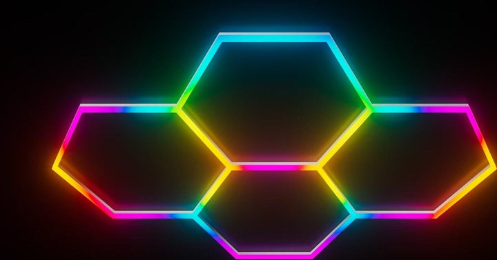 Four RGB hexagon lights glowing in rainbow colours