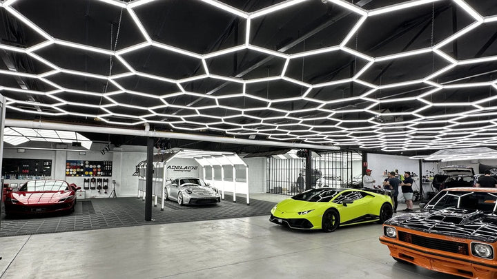 HexSpace hexagon LED lighting installed in an Adelaide detailing studio showing high CRI colour fidelity across luxury car paint finishes