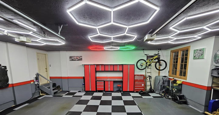 Garage makeover with hexagon lights, red tool cabinets and checkered floor tiles