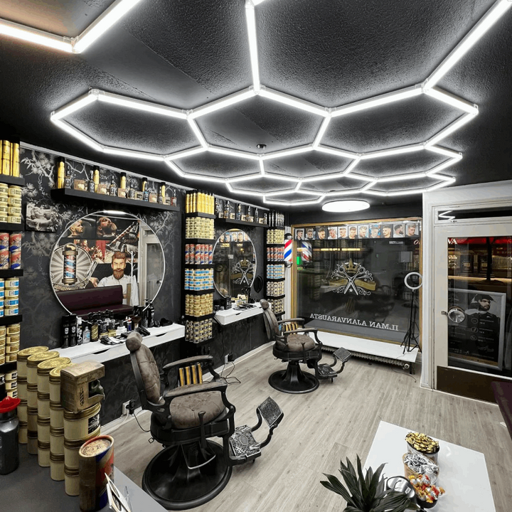 11 hex lighting system in barbershop black ceiling