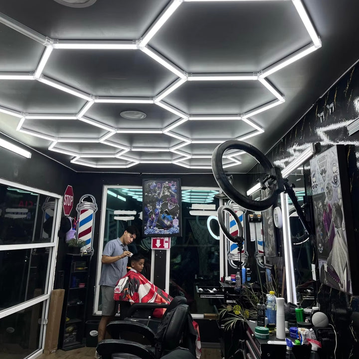 14 grid hexagon lights black ceiling barber