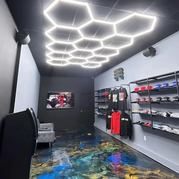 14 hexagon lighting in clothes shop black ceiling