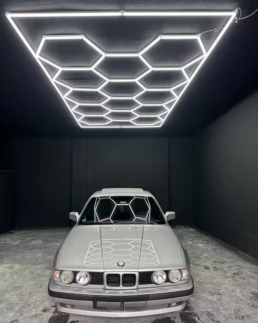 hexagon lighting in black garage