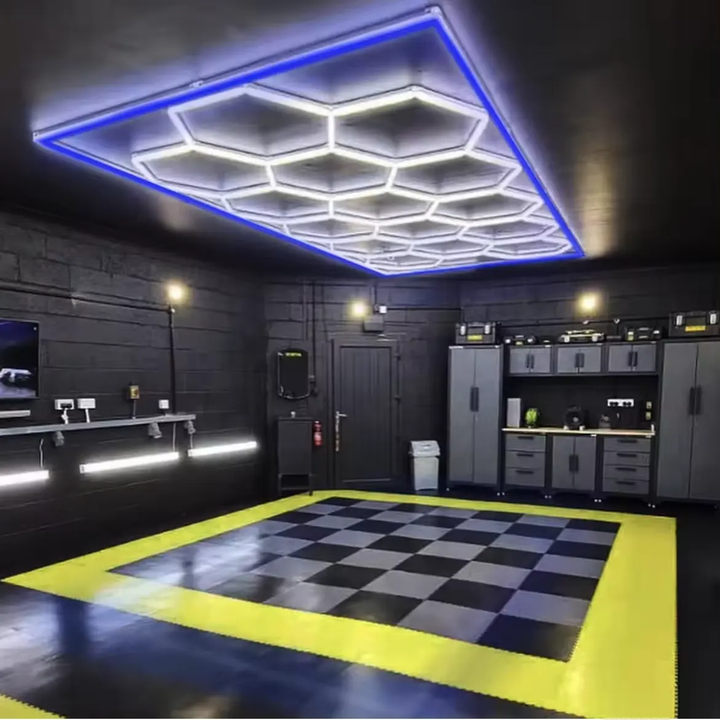 15 hexagon lights with blue border in garage mancave