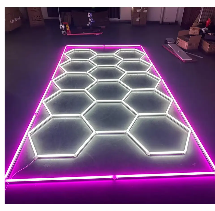 15 hexagon lights with pink border on ground garage lights