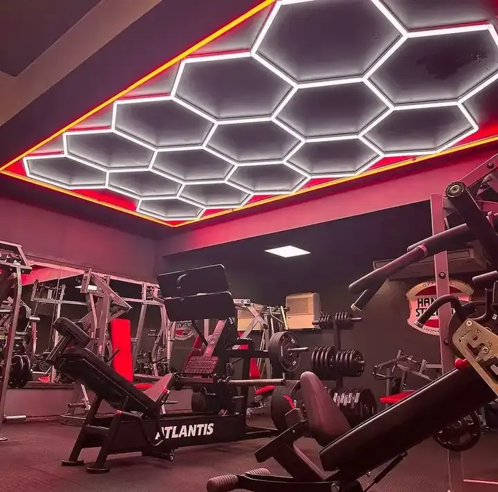 15 hexagon lights with red border in gym