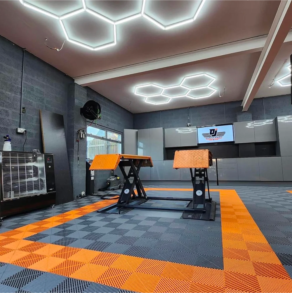 2 pack of 5 hexagonal lighting on white ceiling garage 