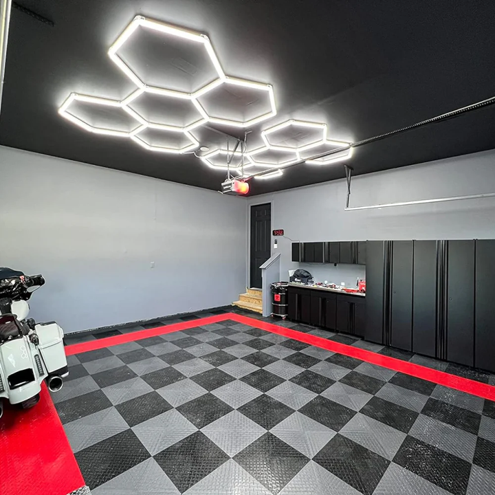 2 set of 5 hex lighting in garage black ceiling 