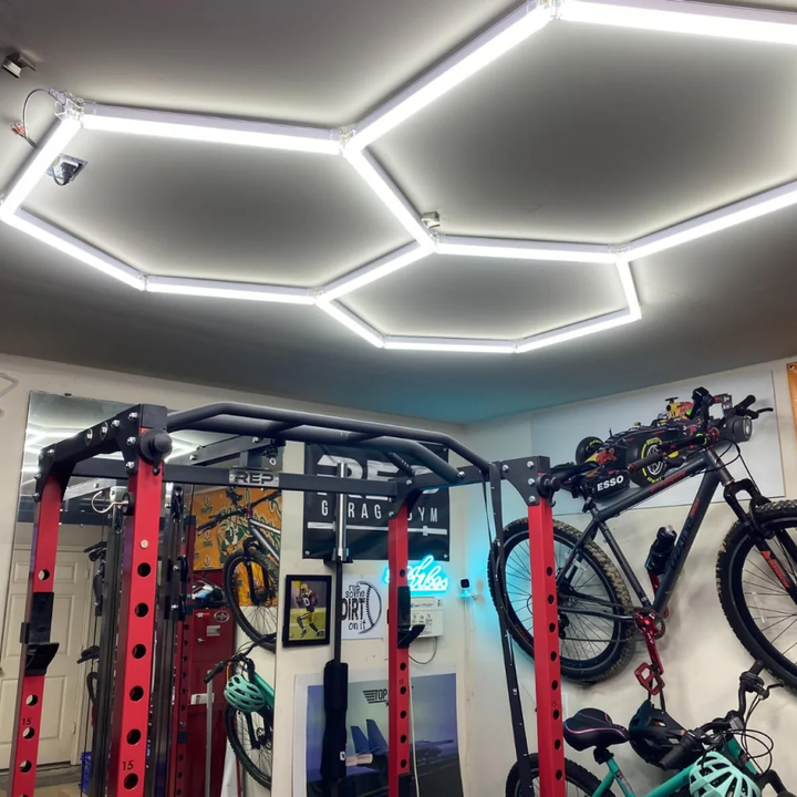  3 cluster hexagon shape light in garage gym 