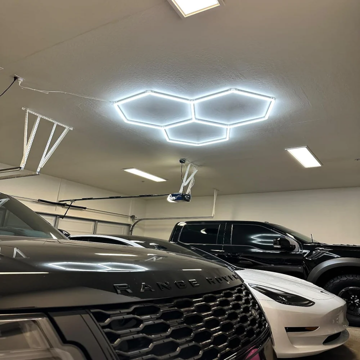  3 cluster hexagon shape lighting on garage ceiling 