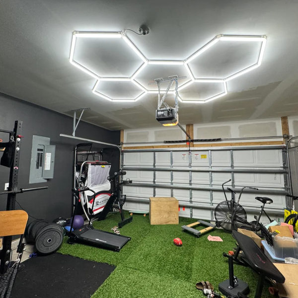 5 grid garage hexagon lights system in home garage gym