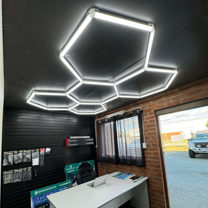 5 grid hexagon lights black ceiling office