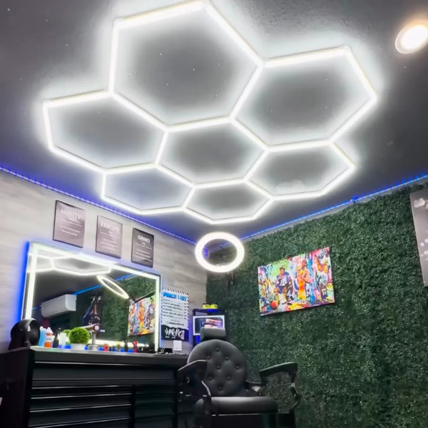 7 circle hexagon lights in barbershop