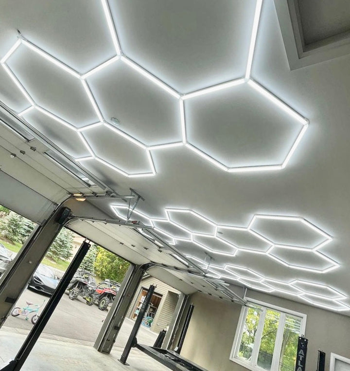 3 set of 8 long hexagon lighting in garage 