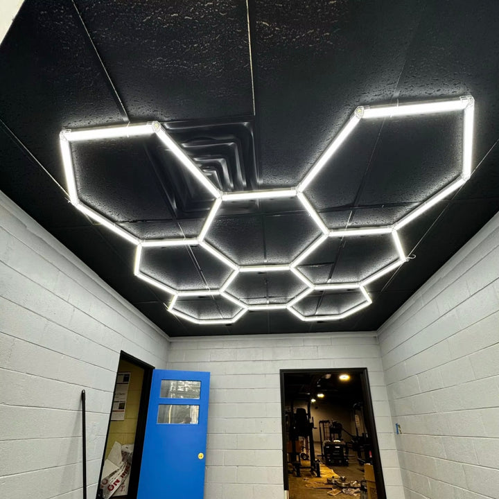 8 grid hexagon lights black ceiling 1