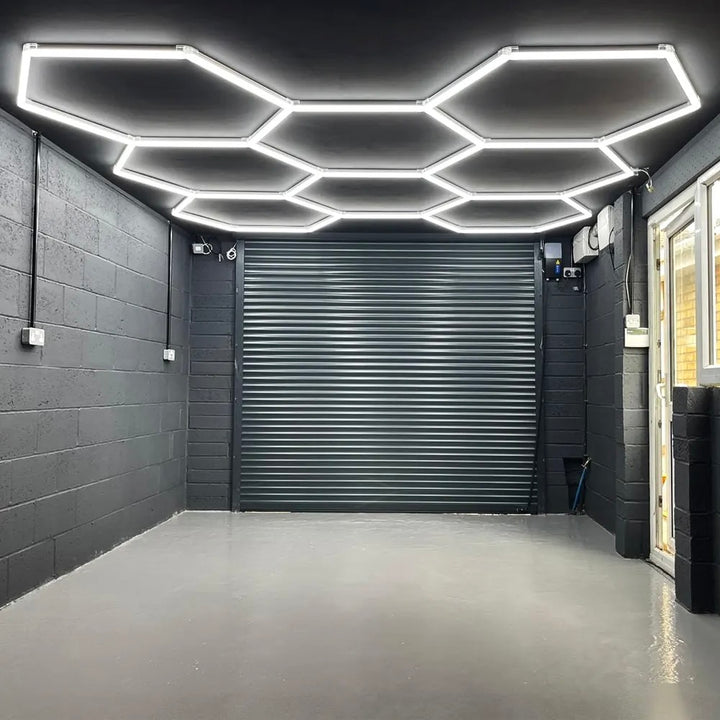 8 hexagon lights black ceiling single garage