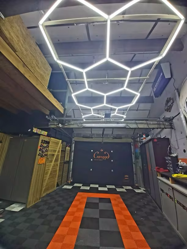 8 hexagon long grid lighting in garage 