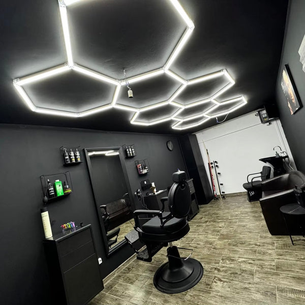 8 long hexagon lights barbershop black ceiling 