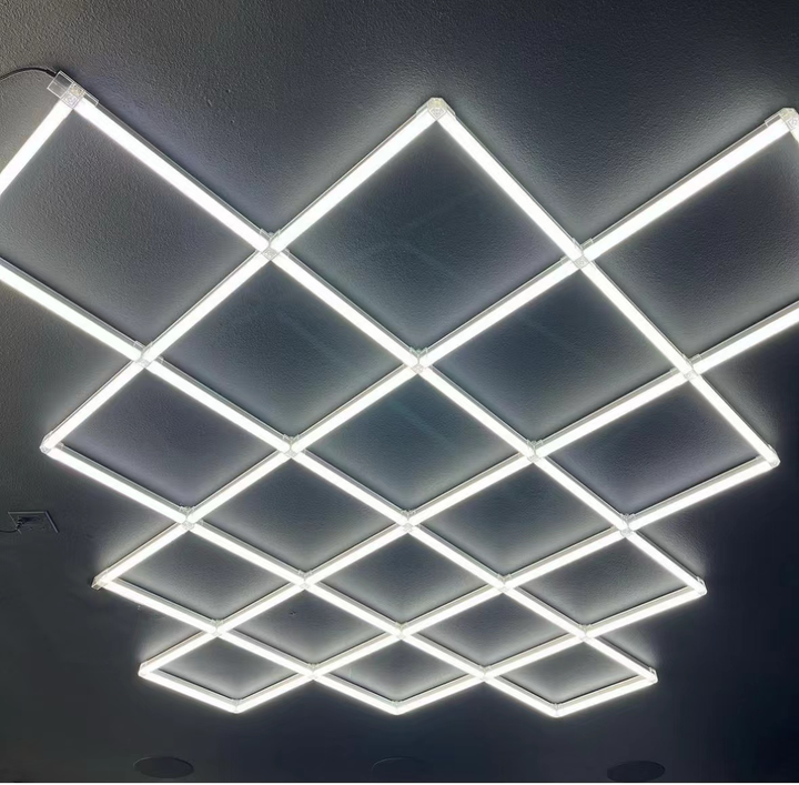 HexSpace diamond grid led garage lights on black ceiling 