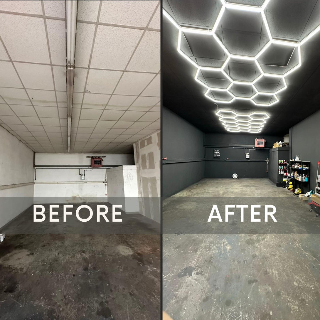 HexSpace's Hexagon lights in garage before and after transform 