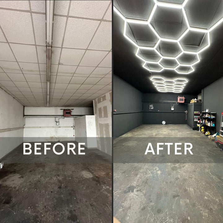 HexSpace's Hexagon lights in garage before and after transform 