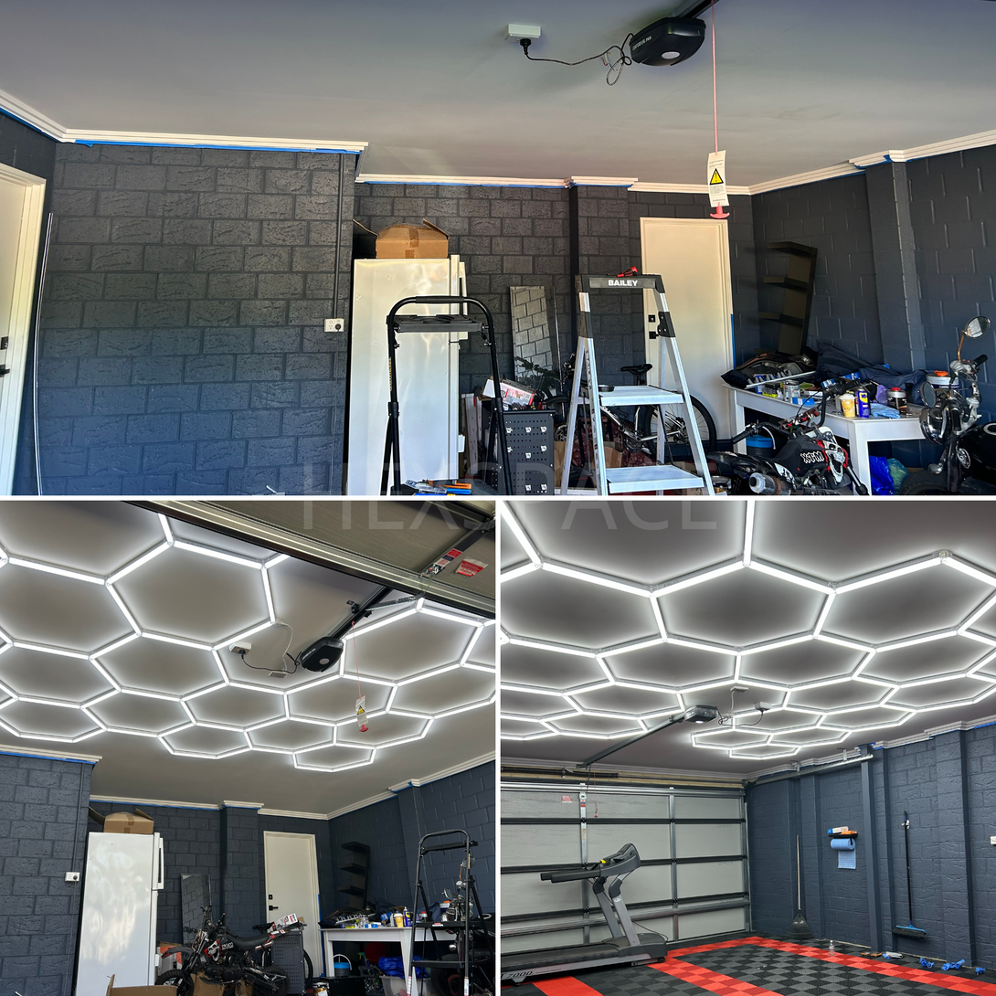 before and after double garage hexagon lights