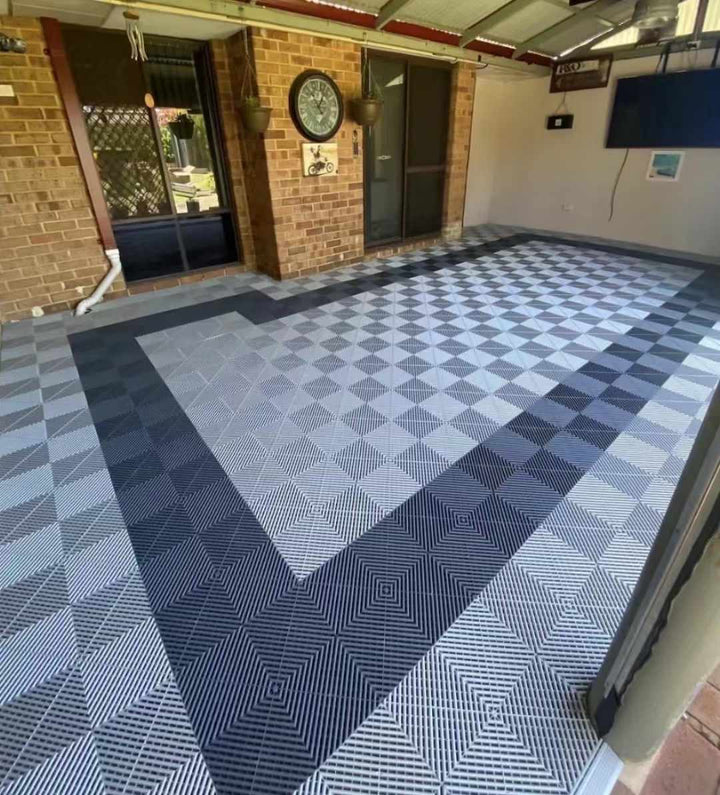 black and light flooring tiles in patios