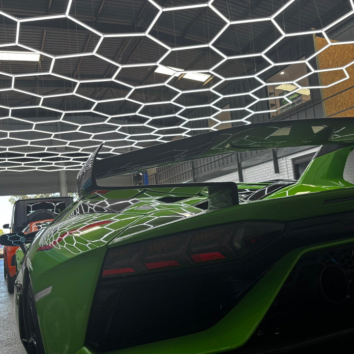 custom hexagon light in car dealer