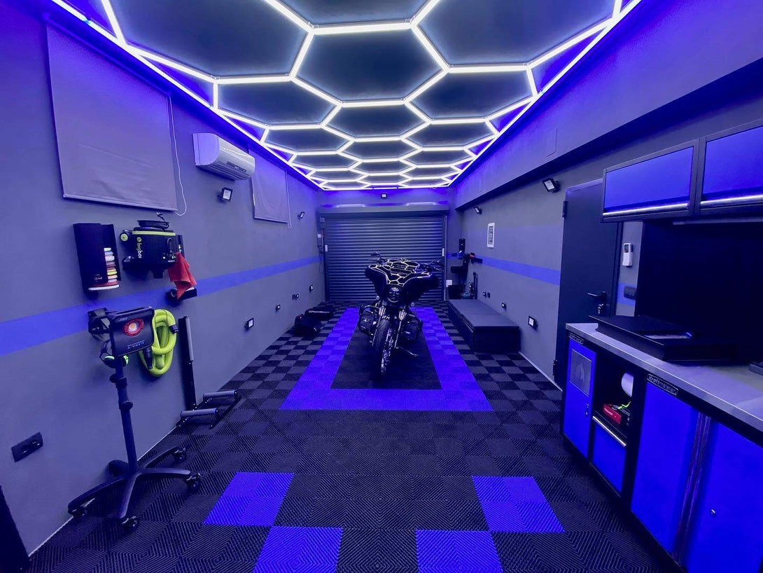 custom hexagon lights with blue border