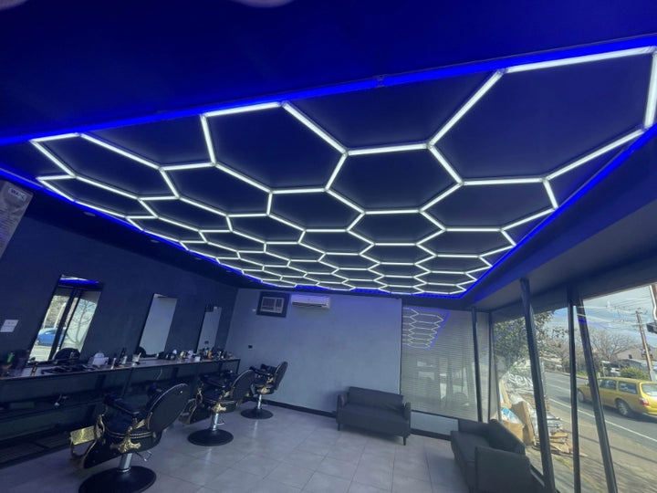 custom hexagon lights with blue border barbershop