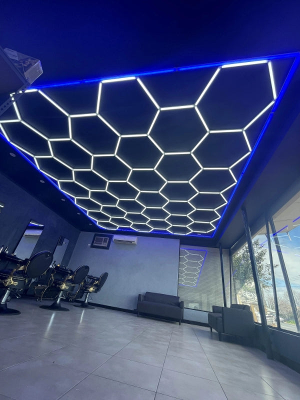 custom hexagon lights with blue border barbershop 1