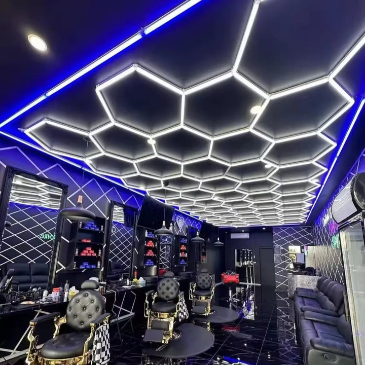 custom hexagon lights with blue border barbershop 3