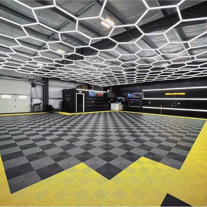 grey yellow garage tiles hexagon lights