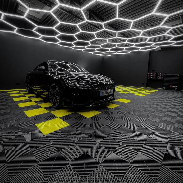 yellow black garage floor tiles and hexagon lights