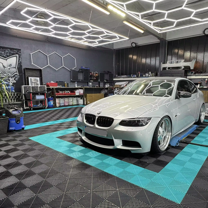 garage floor tiles black and blue circle pattern