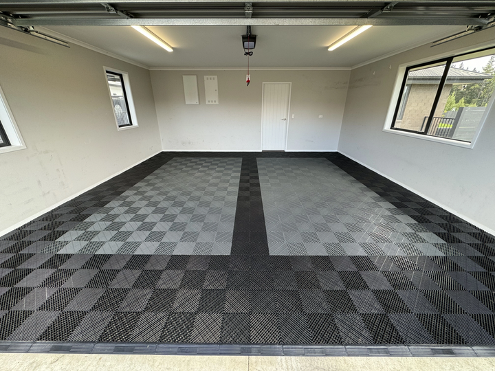 black and grey tiles in double garage 