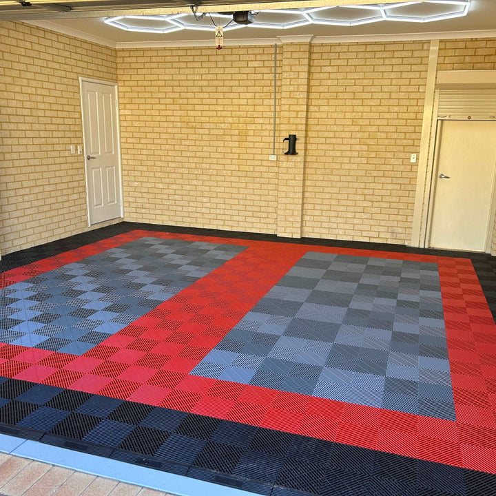 garage flooring tiles black , red and grey 