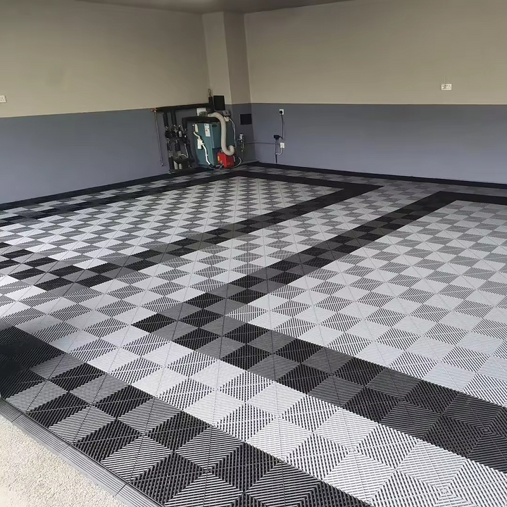 white and black garage tiles 