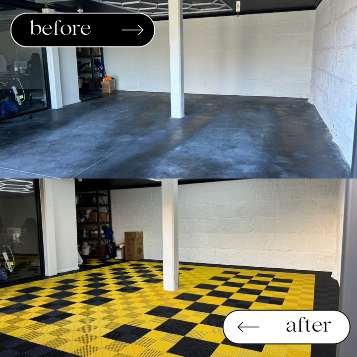 HexSpace garage tiles before and after yellow and black