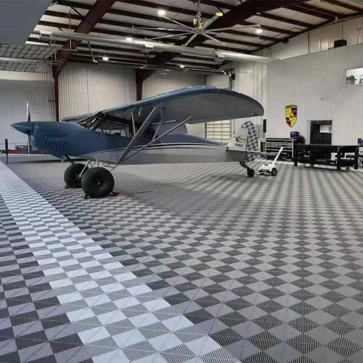 garage tiles in airplane warehouse 