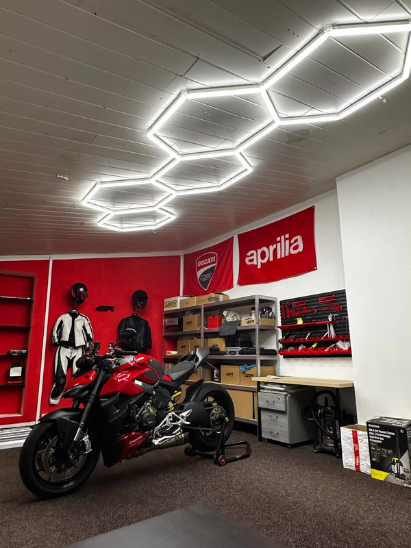 long 5 grid hex lighting in motor garage
