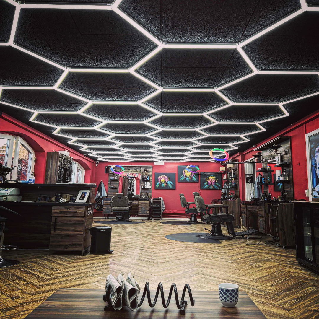 hexagon lights in barbershop black ceiling 