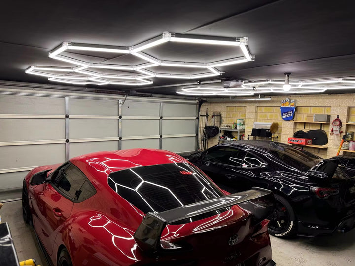 2 set of long 7 hexagon lighting in garage 