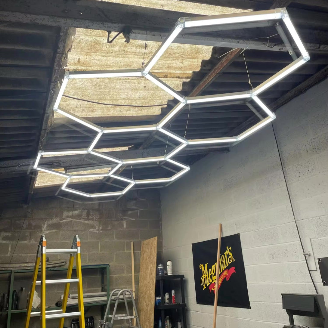 long 7 hex led lighting in workshop