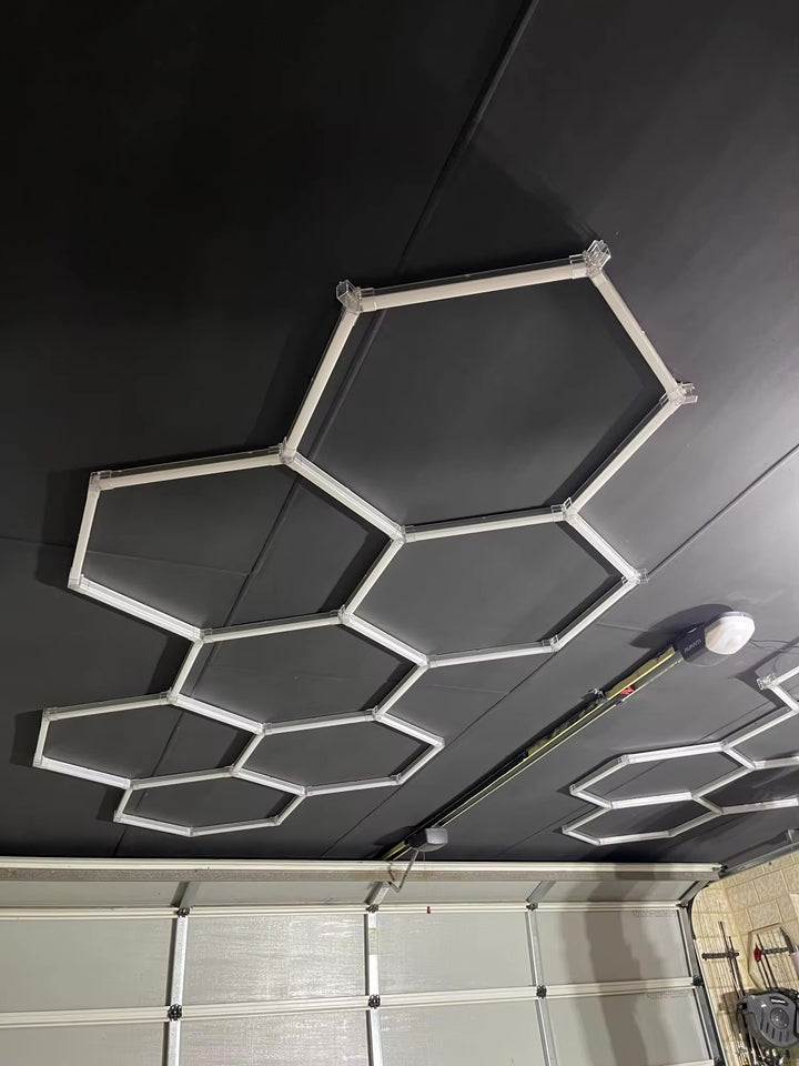 2 set of long 7 hex lights in black ceiling garage 