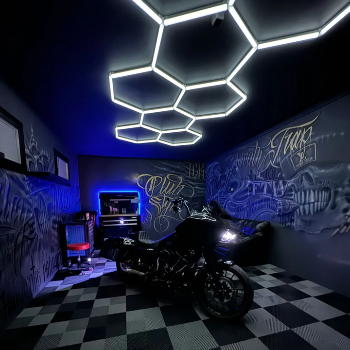 long 8 hexagon lighting led system in garage black ceiling 